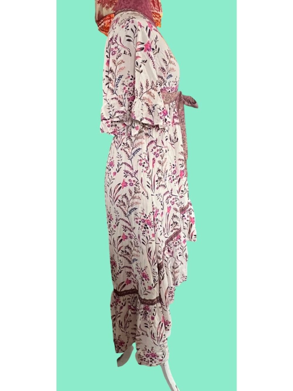 Floral High-Low Wrap Dress With Ruffle Hem Bell Sleeves & Tie Waist Beige & Pink - Picture 4 of 11